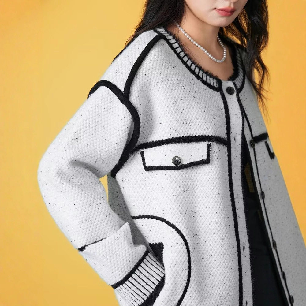 黑白拼接解构小香风针织外套女高级设计感小众圆领宽松秋冬季新款,淘宝优惠券,粉丝福利购,淘宝优惠卷