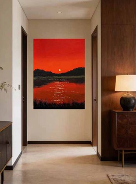 手绘红色日出海景现代玄关装饰画沙发画餐厅抽象艺术走廊肌理感画