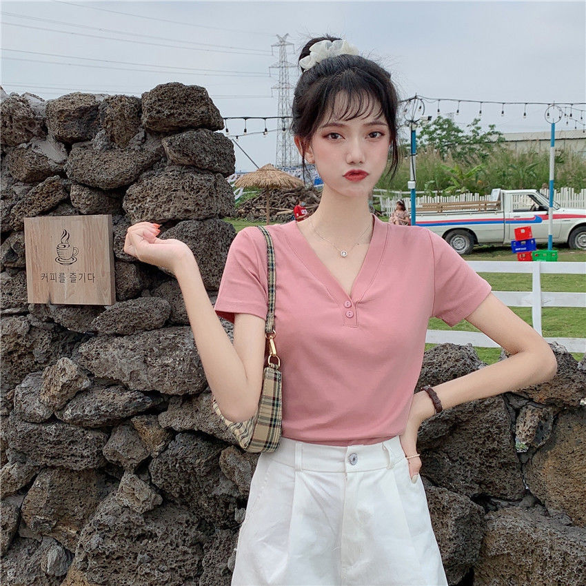 2023夏季新款韩版修身显瘦Chic心机上衣V领超火短袖T恤女