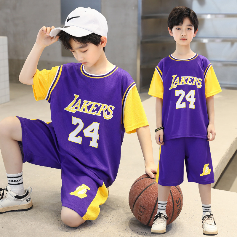 男童夏装套装2021新款中大童湖人科比24号篮球服儿童速干训练球衣 - 图0