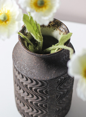 复古刀刻波浪纹花器景德镇陶瓷花瓶家居摆件中式酒店艺术装饰品