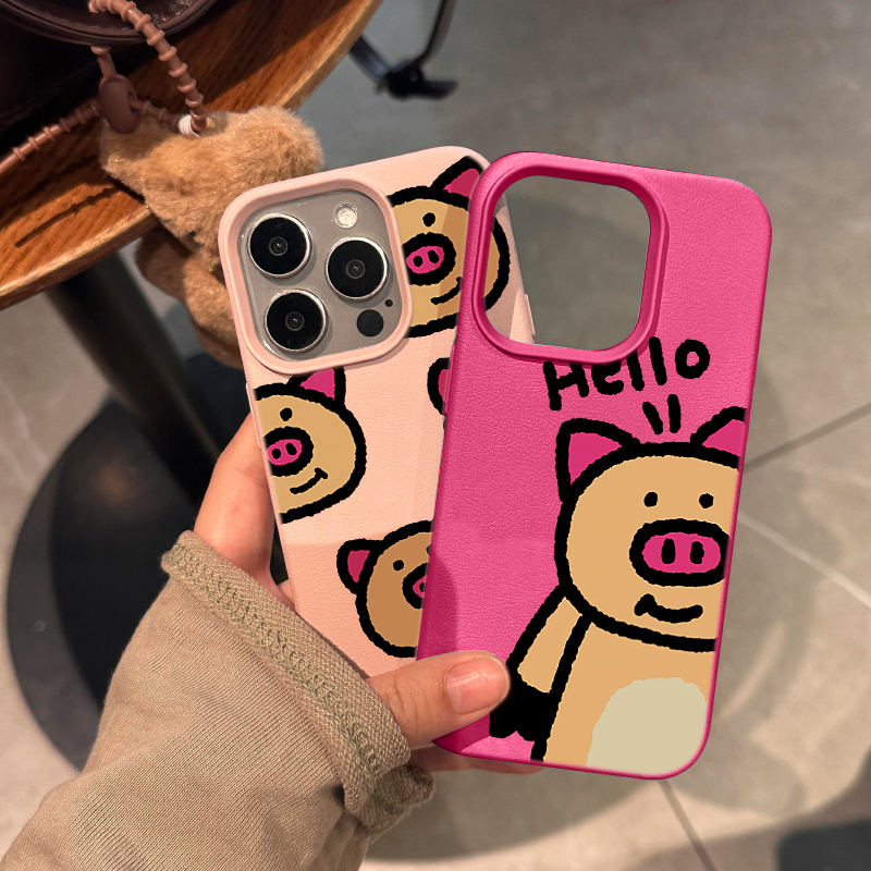 卡通可爱小猪适用苹果15promax手机壳iPhone14新款荔枝纹13趣味小众12个性皮质软壳15Pro防摔14pro保护套女款 - 图0