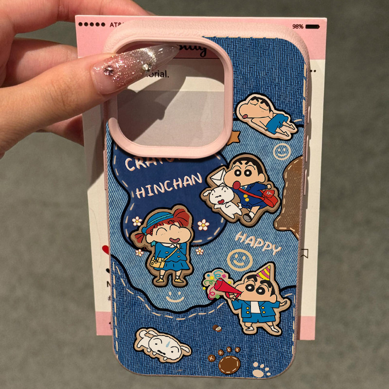 日韩卡通牛仔小新适用苹果15promax手机壳iPhone16pro新款17荔枝纹13趣味小众12个性皮质11防摔14pro保护套女