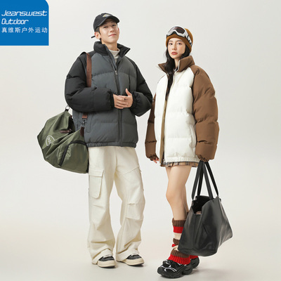 真维斯户外运动情侣拼接撞色立领棉服复古甜酷时尚设计感百搭外套