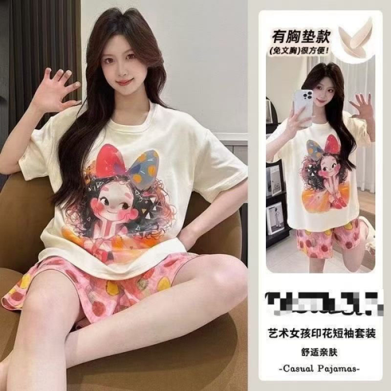 真维斯户外运动带胸垫睡衣夏短袖云朵棉卡通女孩家居服两件套外穿