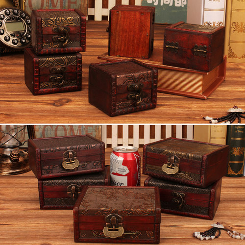 复古密室道具木质首饰盒仿古做旧小木盒子糖果盒带锁饰品戒指盒-图2