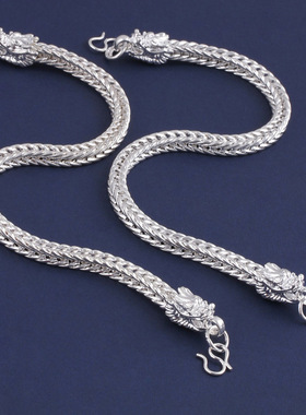 999钢印男生苗银饰品潮流霸气银男士手链龙骨银色龙头狐尾手链