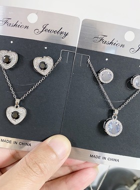 外贸欧美新款奢华锆石耳钉项链套装水滴气质锁骨链女