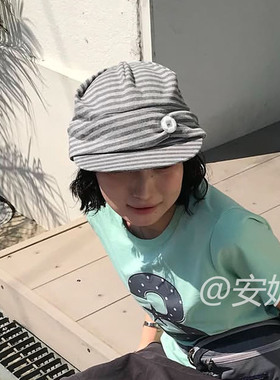 条纹软帽女韩系复古纽扣报童帽