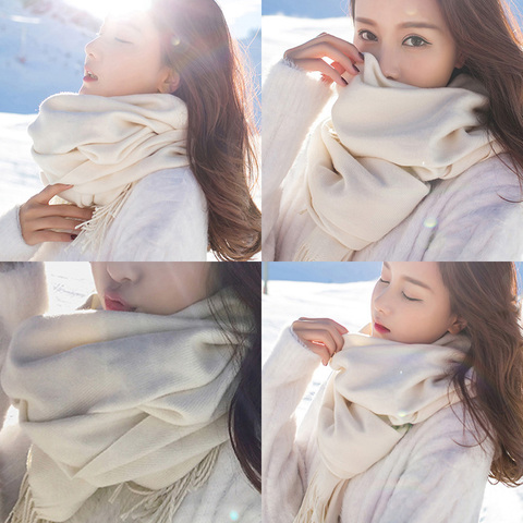 女士披肩秋冬季长款米白仿羊绒流苏两用韩版百搭学生加厚保暖围巾