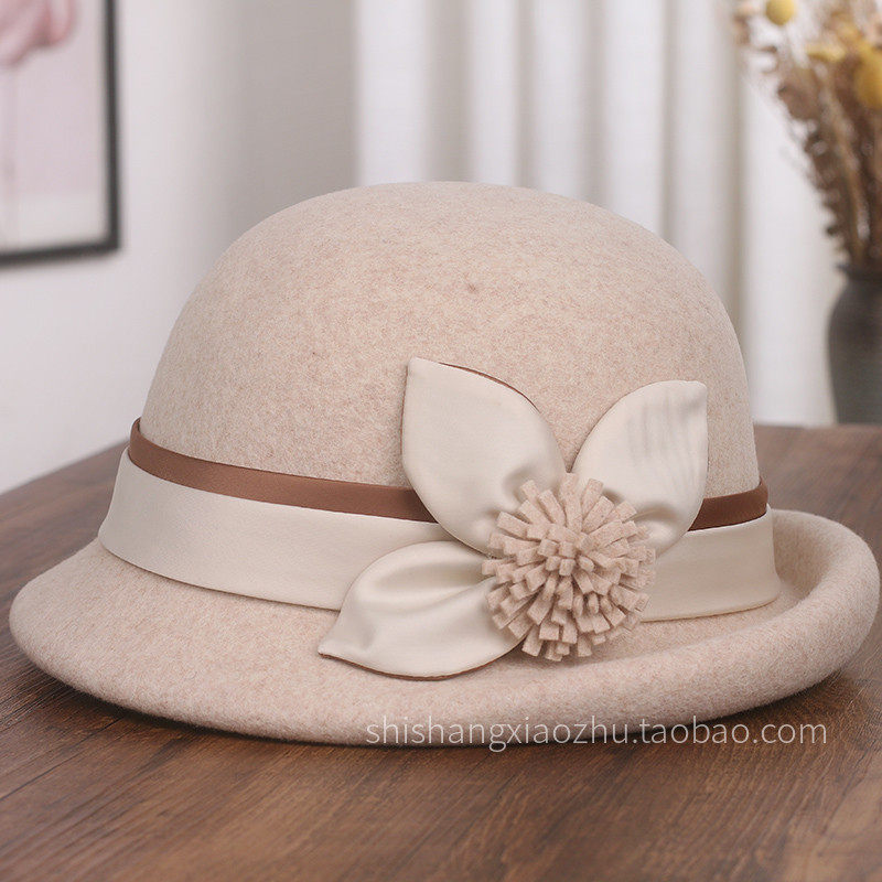 秋冬新款纯羊毛卷边礼帽女士优雅复古毛呢盆帽时尚花朵保暖渔夫帽,淘宝优惠券,粉丝福利购,淘宝优惠卷