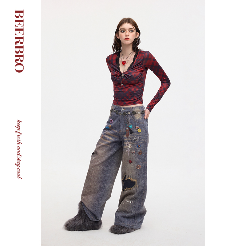 BeerBro 美式辣妹收腰修身扭结V领针织衫女春秋蕾丝格子长袖上衣 - 图1