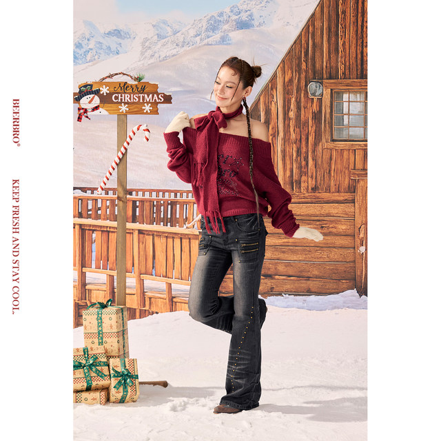 BeerBro Rebellious Holiday really Wearable versatile American Hot Girl ອຸດສາຫະກໍາຫນັກ Studded Slim Boot Jeans