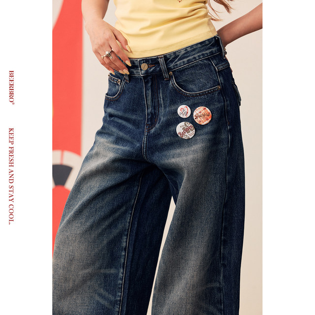 BeerBro Carnival Music Festival 100% Cotton Classic Versatile Washed Blue Badge Straight Jeans Summer