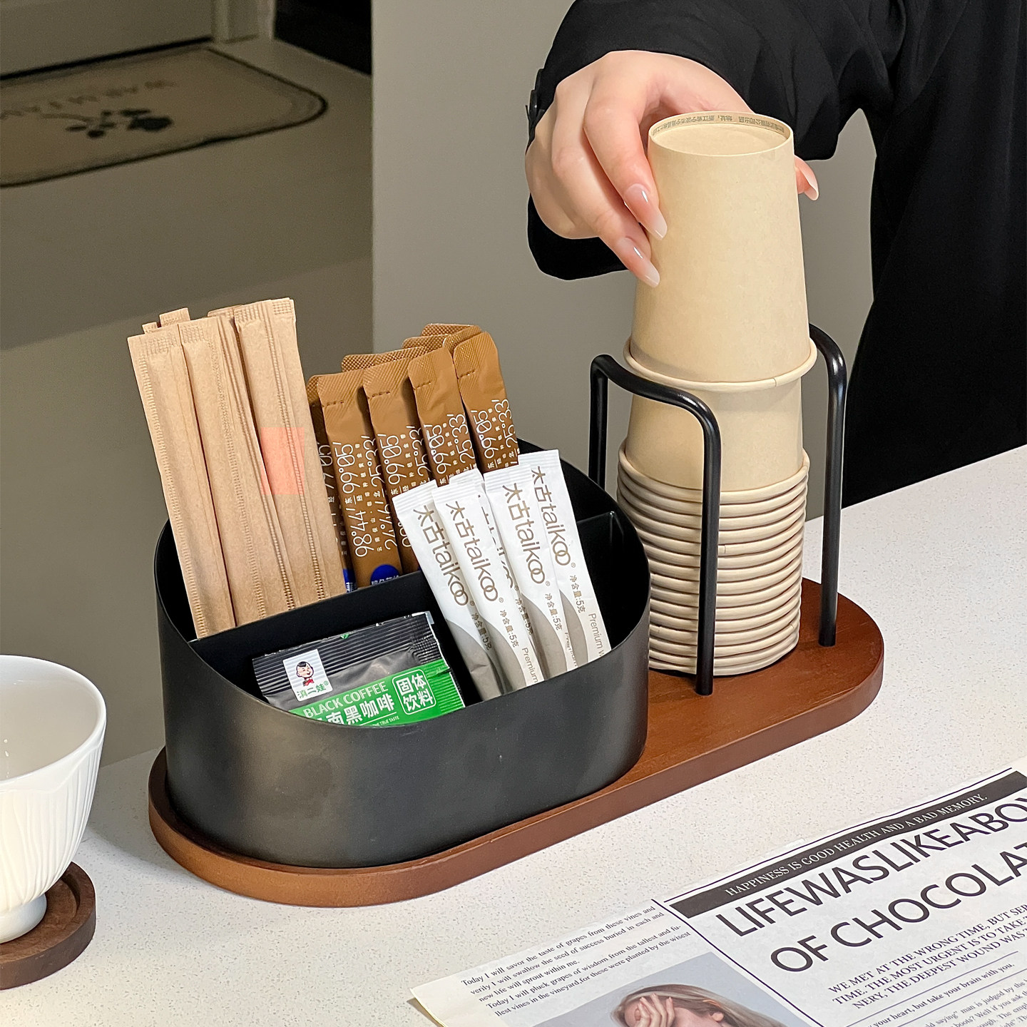 多功能一次性杯子置物架纸杯取杯器咖啡胶囊吸管收纳盒中古原木风,淘宝优惠券,粉丝福利购,淘宝优惠卷