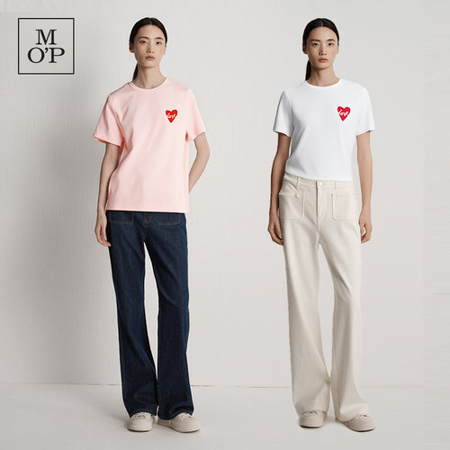 Marc O'Polo/MOP夏季新款好看纯棉时尚简约爱心印花短袖T恤女上衣 - 图0