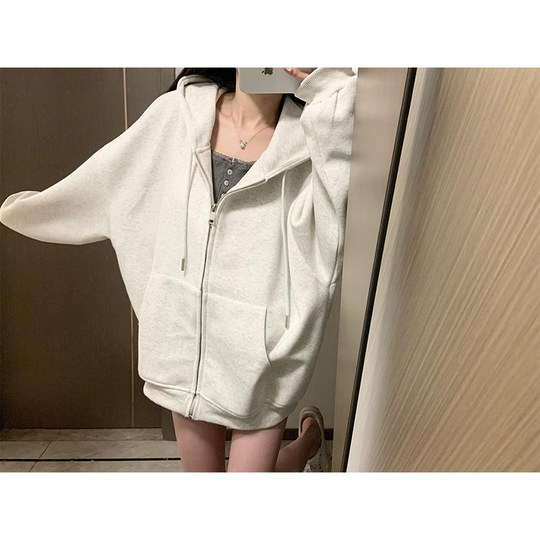American style oversize hooded zipper fleece sweatshirt for women