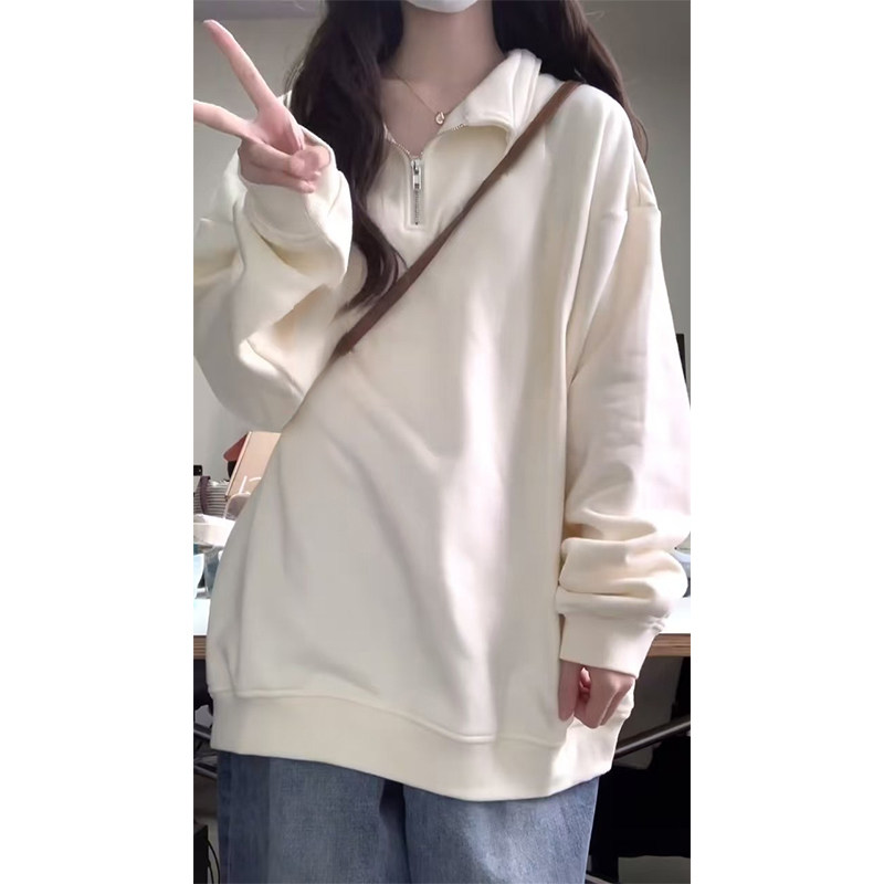 美式街头加绒加厚POLO领无帽卫衣女秋冬oversize外套chic慵懒上衣,淘宝优惠券,粉丝福利购,淘宝优惠卷