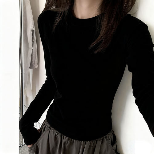 正肩圆领纯色长袖T恤女春秋内搭基础款打底衫修身显瘦百搭上衣服 - 图3