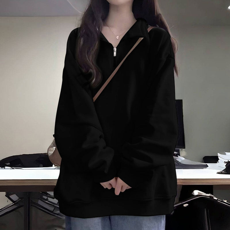 美式街头加绒加厚POLO领无帽卫衣女秋冬oversize外套chic慵懒上衣,淘宝优惠券,粉丝福利购,淘宝优惠卷