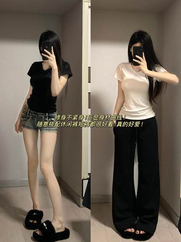 设计感小众正肩V领纯棉短袖T恤女夏辣妹短款收腰修身显瘦百搭上衣 - 图2