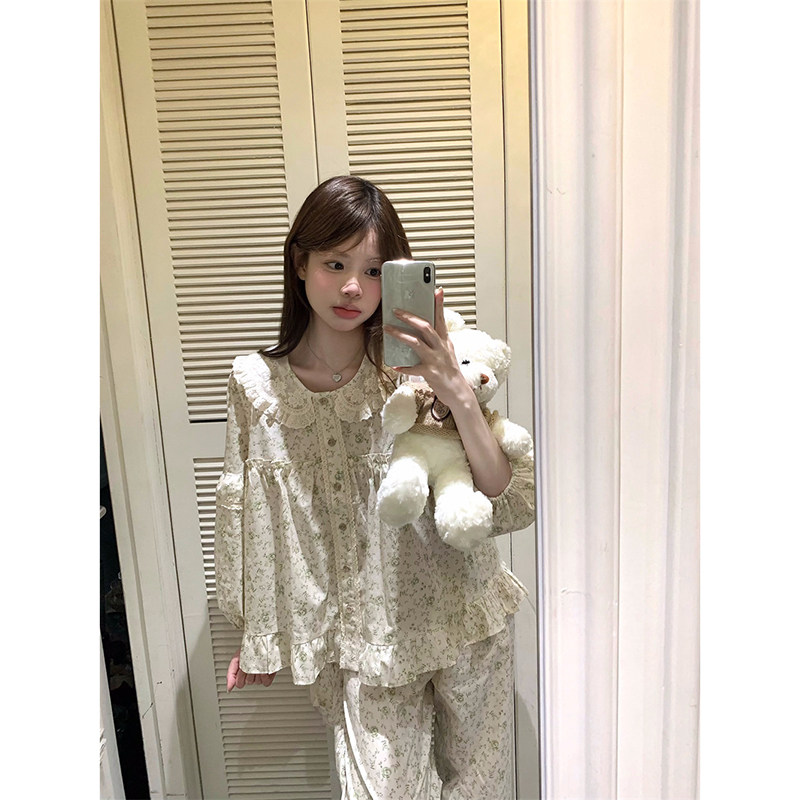 甜美碎花娃娃领蕾丝边长袖睡衣女秋冬季公主风重工宽松家居服套装,淘宝优惠券,粉丝福利购,淘宝优惠卷