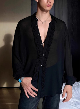 男士黑色雪纺宽松长袖衬衫