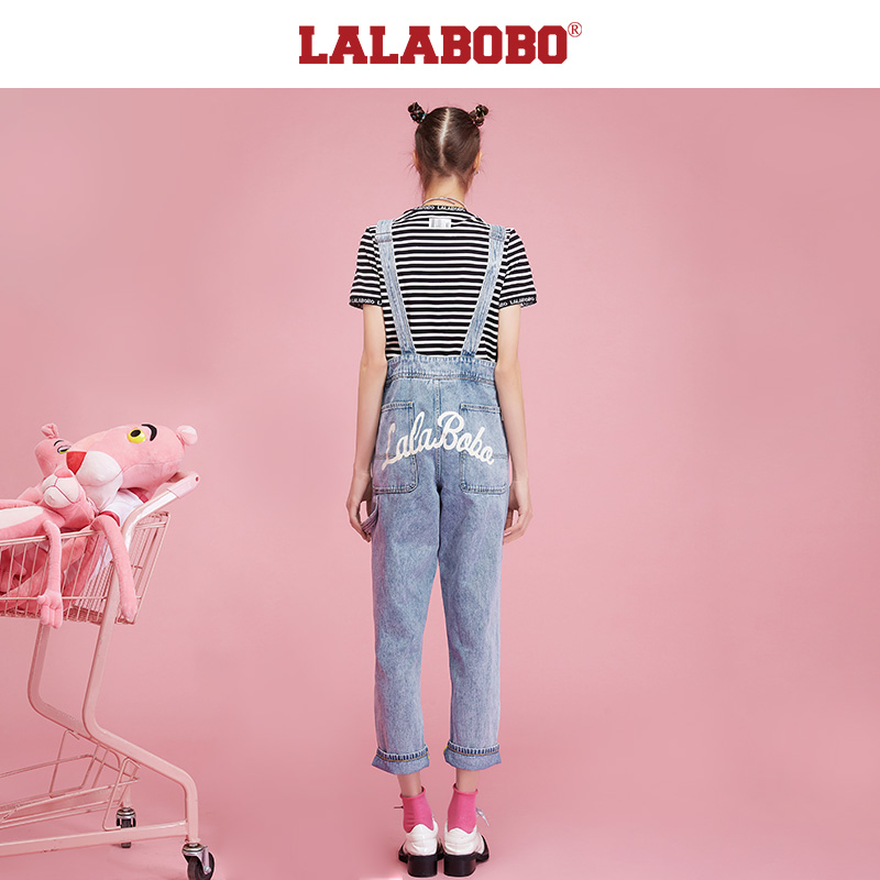 设计师潮牌LALABOBO2024春季新款做旧牛仔背带长裤女|F21B-WLZT11 - 图0
