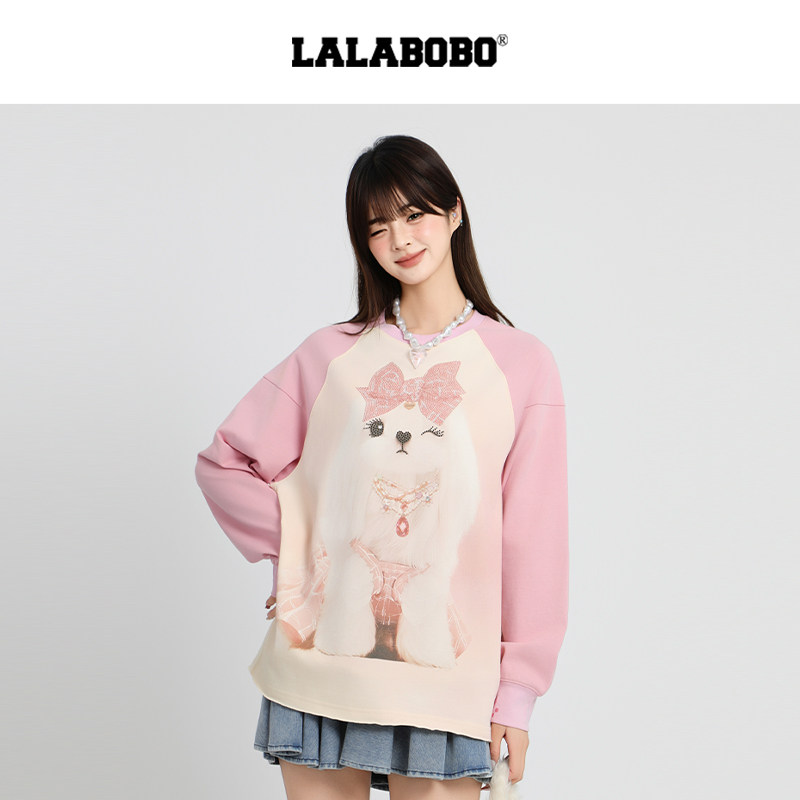 【宋继扬同款】LALABOBO25年秋新插肩袖上衣印花宽松粉色长袖T恤,淘宝优惠券,粉丝福利购,淘宝优惠卷