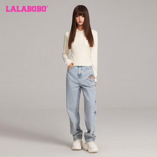 【商场同款】LALABOBO24年早秋显瘦长裤女水洗做旧新款宽松牛仔裤 - 图3