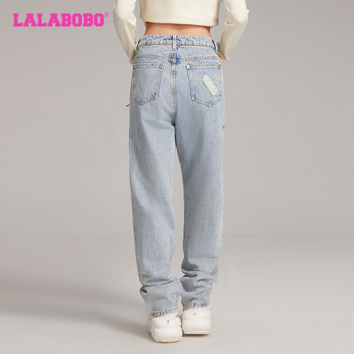 【商场同款】LALABOBO24年早秋显瘦长裤女水洗做旧新款宽松牛仔裤 - 图2
