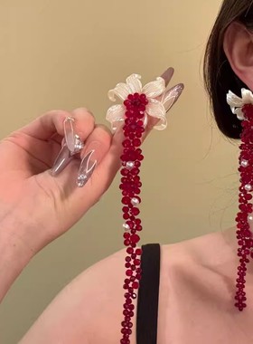 复古鸢尾花红色串珠项链女颈链小众高级感流苏锁骨链配饰