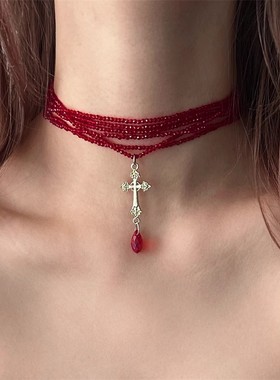 多层红色水晶串珠十字架水滴项链女小众复古奢华气质设计感锁骨链