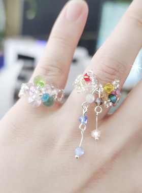 甜美少女~爱心串珠树脂不掉色戒指套装女夏食指戒ins潮流情侣指环