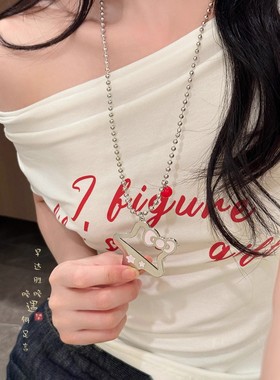 金属感猫咪吊坠项链卡通可爱miu风kt猫心甜美气质毛衣链配饰