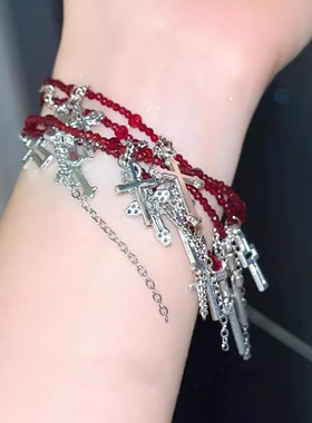 暗黑哥特风十字架暗红串珠流苏手链小众复古手饰