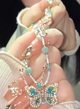 超仙蓝绿色蝴蝶串珠项链小众设计高级感锁骨链清冷感多层流苏颈链