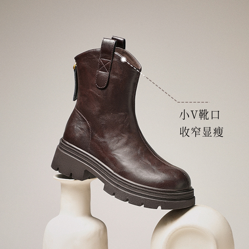 百丽2025冬季新款复古加绒弹力马丁靴厚底粗跟显瘦瘦靴短靴子E5E1 - 图2