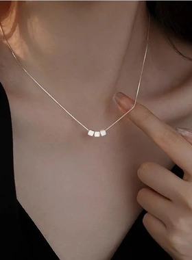 s999纯银小方糖项链女 冷淡风极简小众高级感拉丝几何方块锁骨链