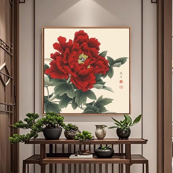 牡丹花挂画花开富贵客厅装饰画玄关背景墙壁画中式国画牡丹图墙画