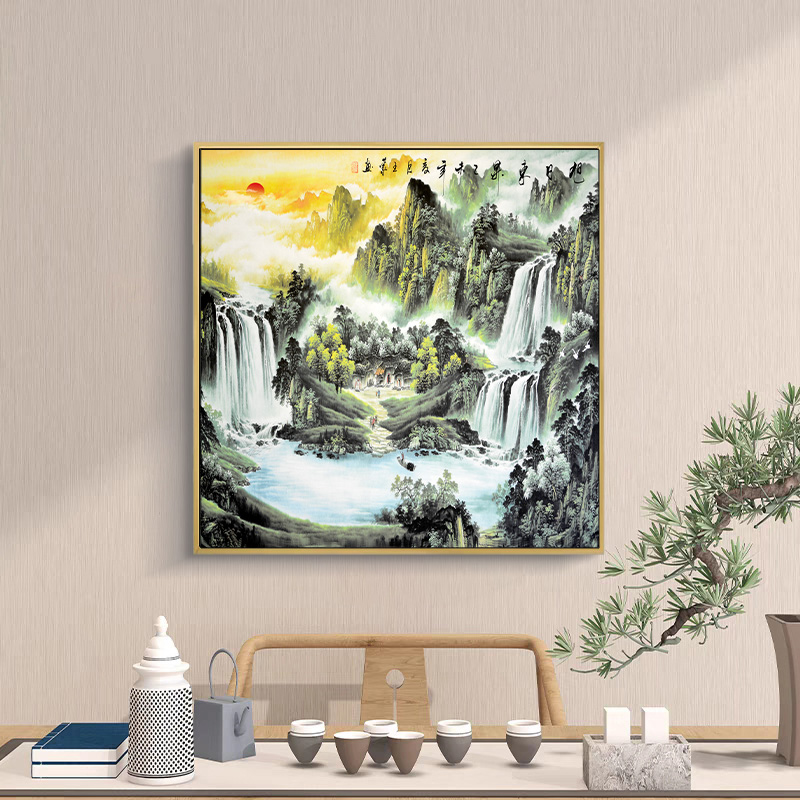 山水画客厅挂画办公室背景墙装饰画高山流水玄关招财中式风景壁画