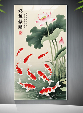 荷花锦鲤墙贴现代中式客厅装饰画