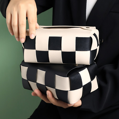 棋盘格高档黑白纸巾盒客厅轻奢餐桌抽纸盒美式皮革纸抽盒摆件纸盒 - 图1