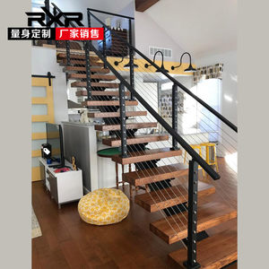 室内整体钢木复式阁楼别墅跃层玻璃楼梯现代简约欧式家用楼梯定制