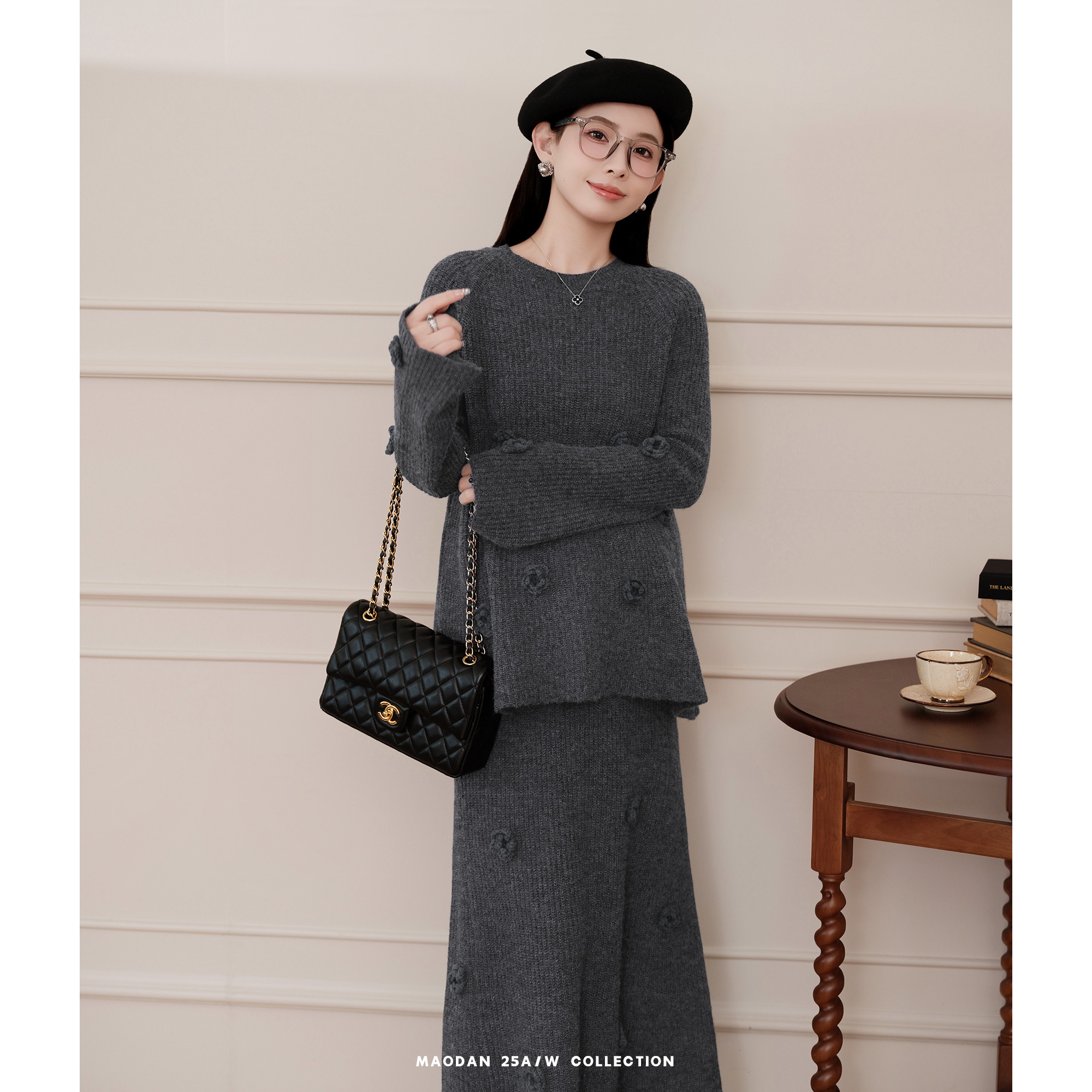 猫单【月音玫瑰】娜娜的孕期穿搭孕妇套装冬季新气质休闲毛衣半裙 - 图1