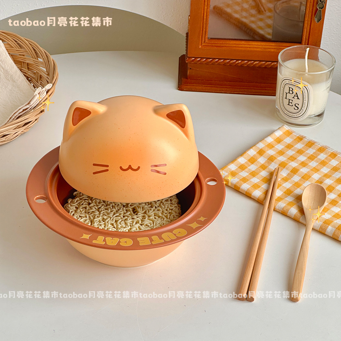 可爱烤面包小猫泡面碗陶瓷带盖高颜值大容量面碗家用宿舍生日礼物