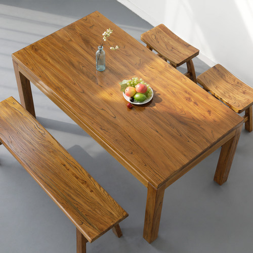 老榆木全实木餐桌现代简约家用饭桌新中式餐厅经济型长方原木桌子 - 图1