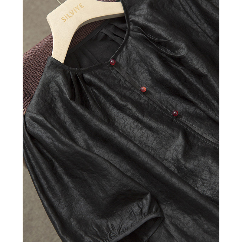 现货 真丝香云纱短袖衬衫女100%桑蚕丝木耳袖圆领上衣夏,淘宝优惠券,粉丝福利购,淘宝优惠卷