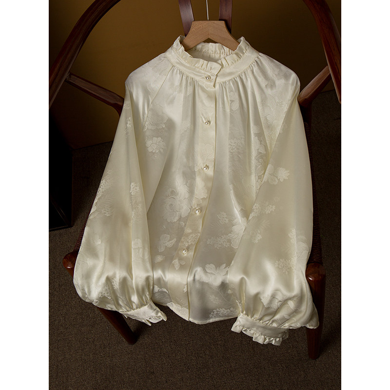丝艺35姆米100%桑蚕丝重缎提花木耳边立领斜襟真丝国风长袖衬衫春,淘宝优惠券,粉丝福利购,淘宝优惠卷