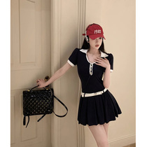 American Hot Girls Academy Wind polo Liondress 2023 Summer new collection waist small sub a 100 pleated short dress